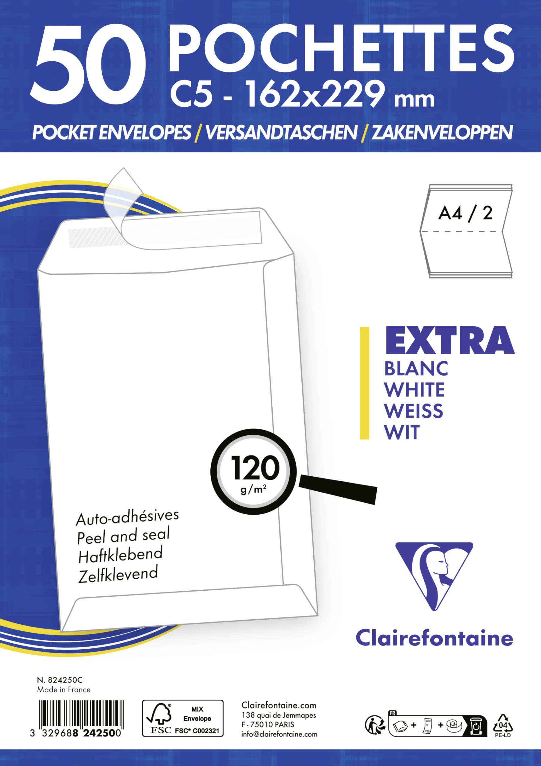 clairefontaine-1951-824250c-pochettes-c5-162x229-auto-adh-sives-x50 image 3