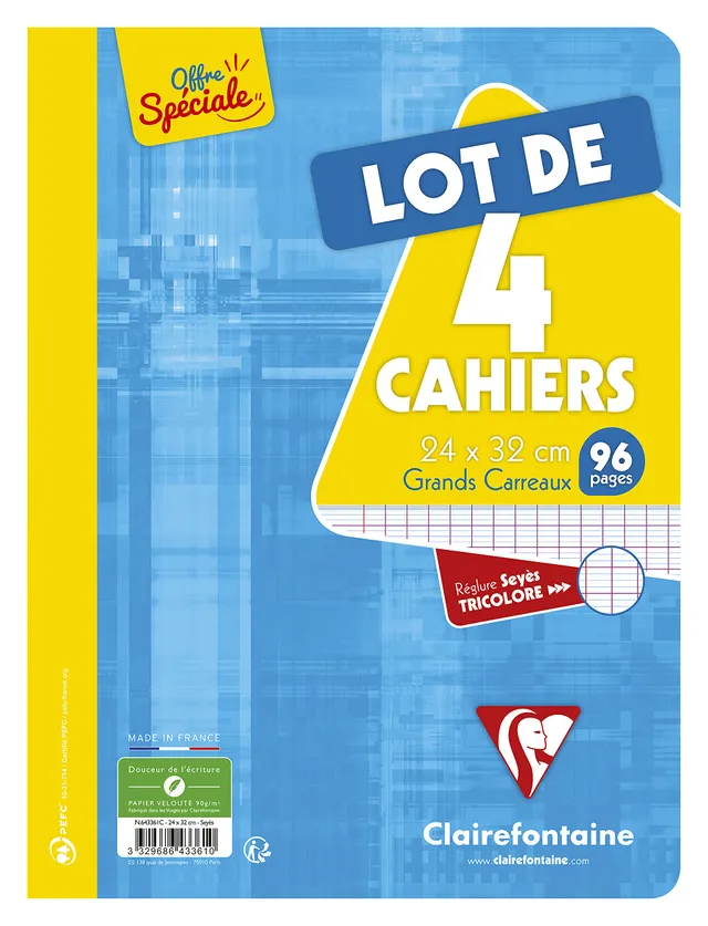 clairefontaine-cahiers-agraf-s-24x32-96p-grands-carreaux-lot-4 image 1