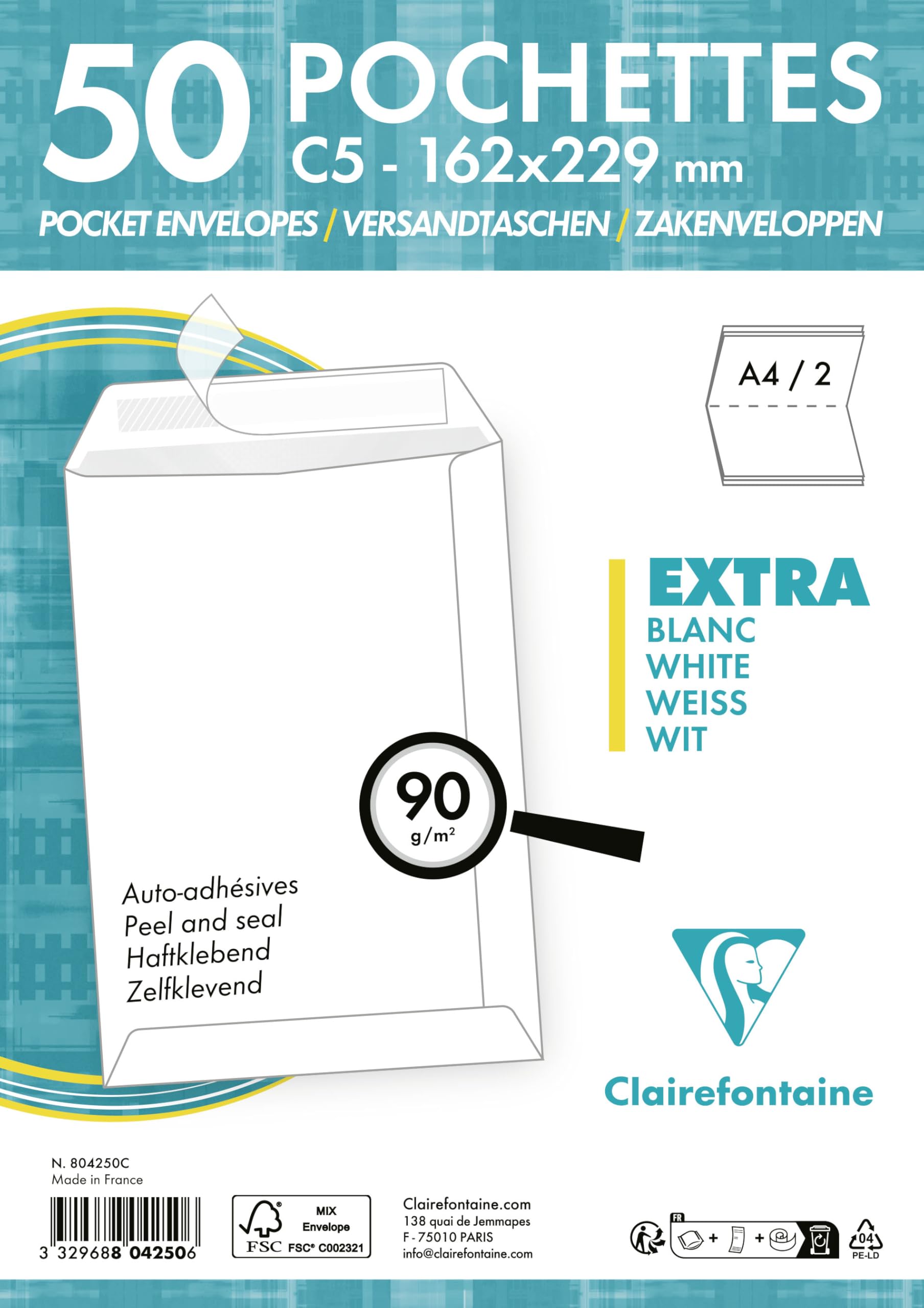 clairefontaine-1951-804250c-pochettes-c5-162x229-blanches-90g-x50 image 3