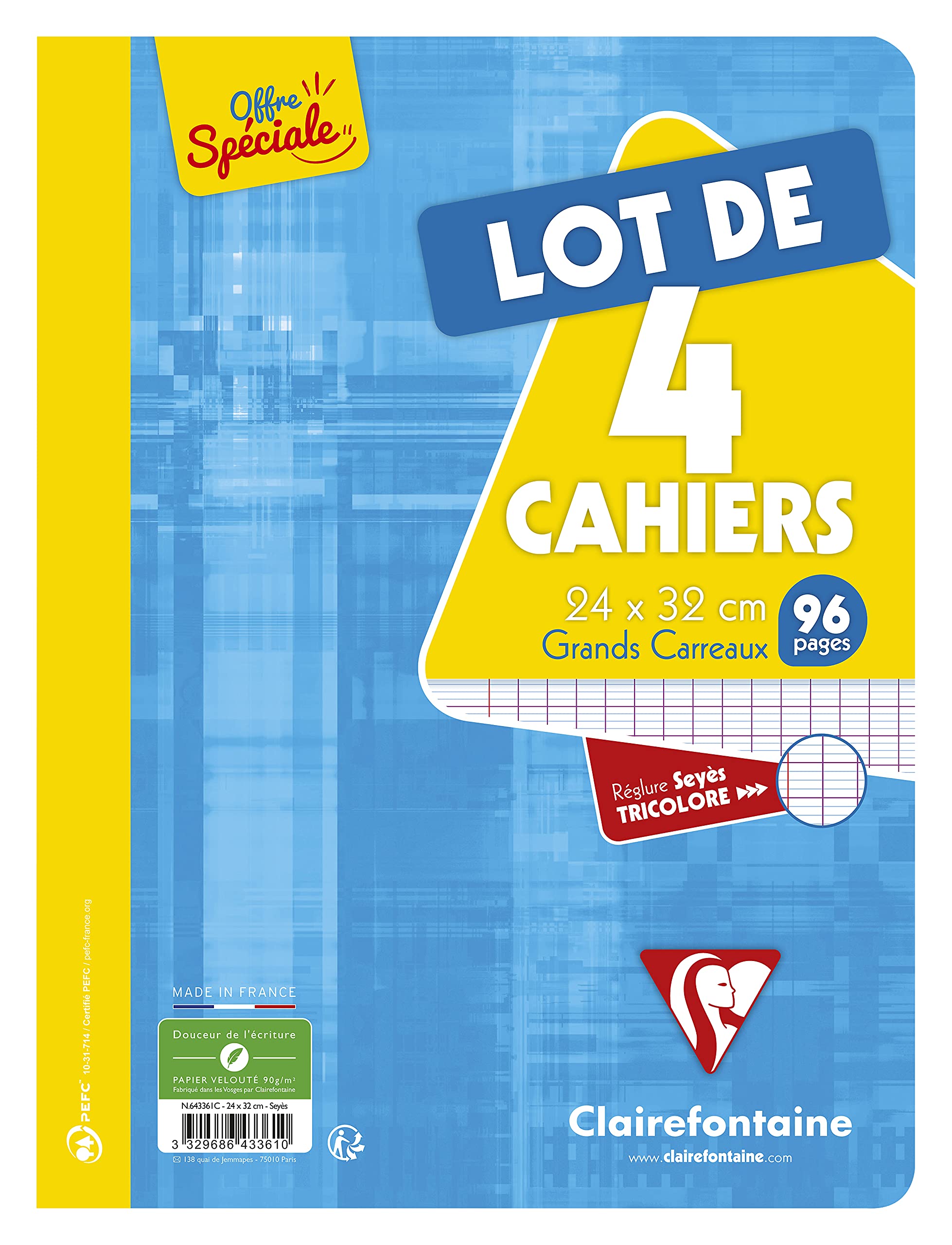 clairefontaine-cahiers-agraf-s-24x32-96p-grands-carreaux-lot-4 image 1