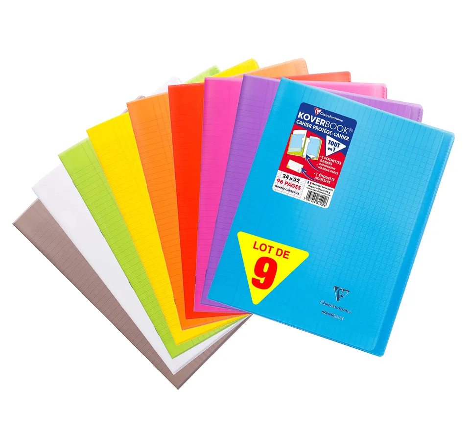 clairefontaine-koverbook-lot-9-cahiers-24x32-96p-grands-carreaux-assortis image 1