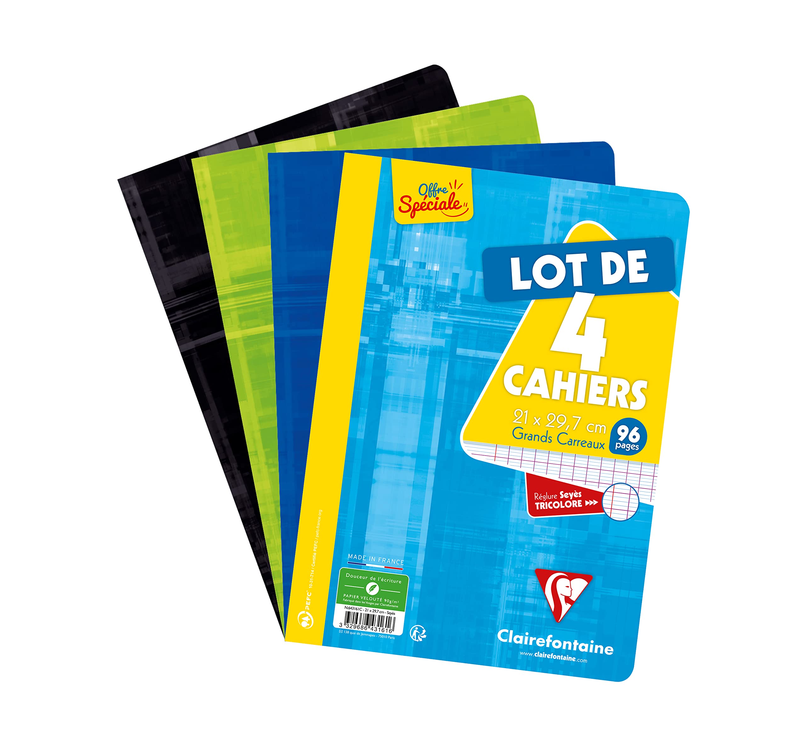 clairefontaine-lot-4-cahiers-agraf-s-a4-96p-grands-carreaux-90g image 1