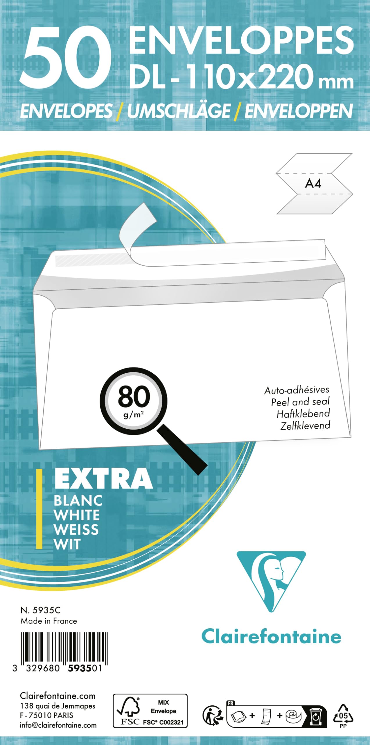 clairefontaine-triomphe-5935c-enveloppes-dl-blanches-x50 image 3