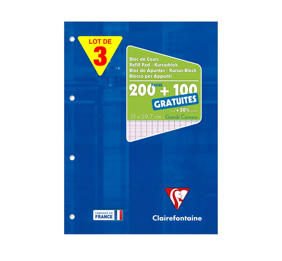 clairefontaine-lot-3-blocs-cours-a4-grands-carreaux-300-pages-90g image 1