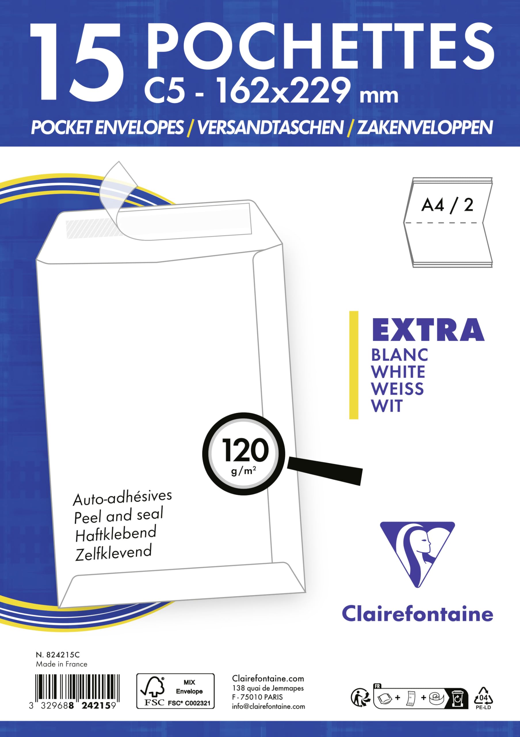 clairefontaine-1951-824215c-pochettes-c5-162x229-auto-adh-sives-x15 image 3